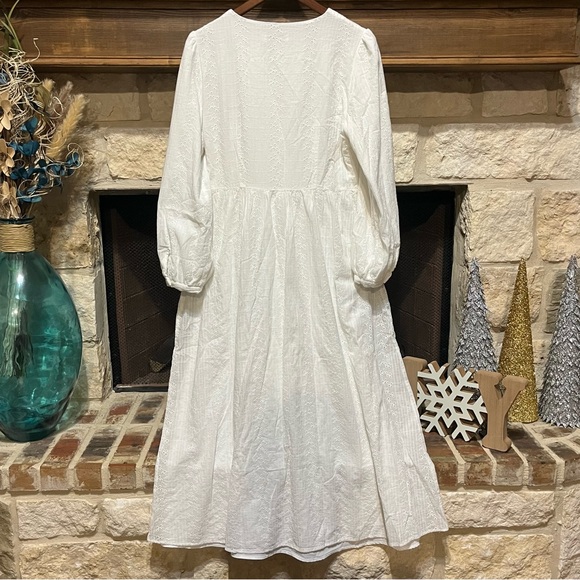 White Long-Sleeve Button-Front Maxi Dress with Eyelet Embroidery - Picture 9 of 11